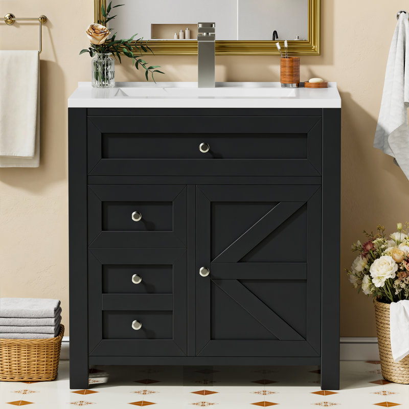 30'' Farmhouse Bathroom Vanity with Sink, Wood Stand Cabinet with Drawers, Multi-Functional Storage, Black