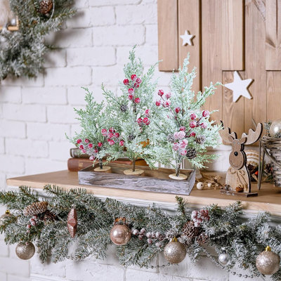 Mini Christmas Trees - Snowy Green - Small Cedar, Red Berries, Wood Base, Farmhouse Style