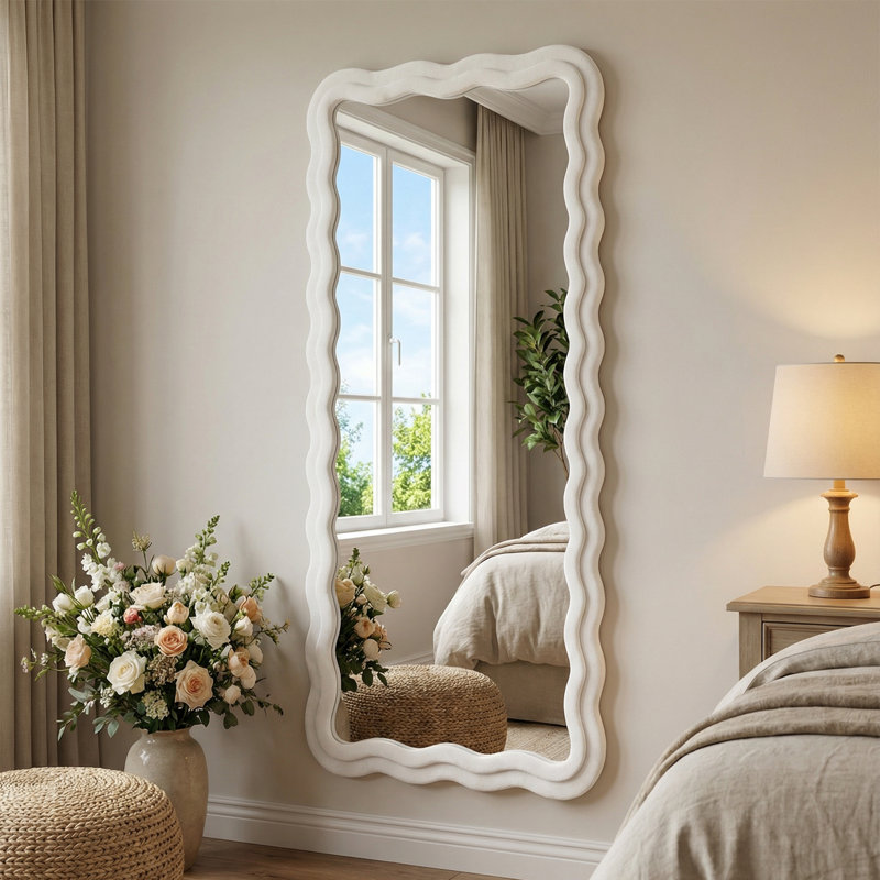 Miroir irrégulier pleine longueur ondulé avec cadre enveloppé de flanelle, Blanc, 69 po x 26 po