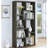 Grey Bookcase, 10 Shelves, Geometric Shapes, Open , , Tip-Over Restraint For Weathered Grey, Rectangular Multiple Space Back, And Engineered Veneer