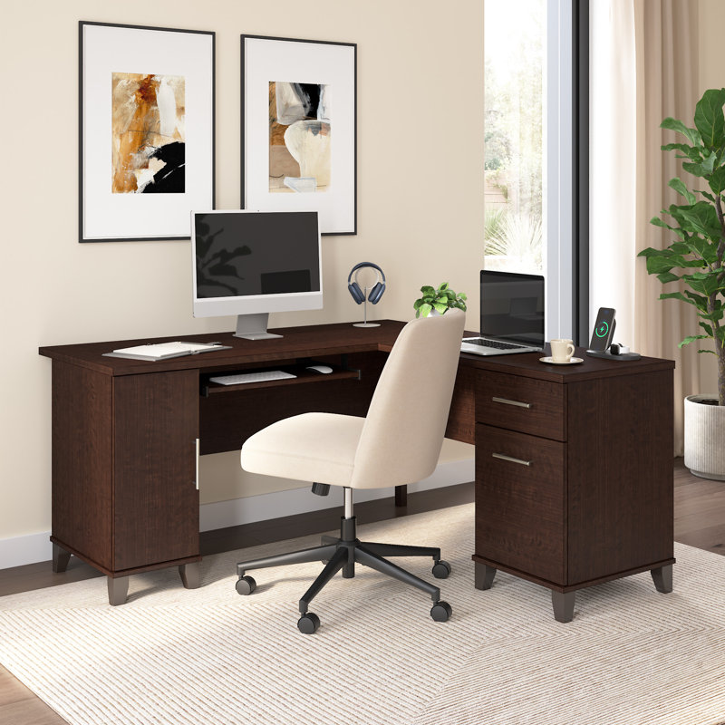 Paelynn 60” L-Shaped Desk with Storage and Drawers, Corner Computer Office Desk, Modern Wood, Mocha Cherry, Mocha Cherry