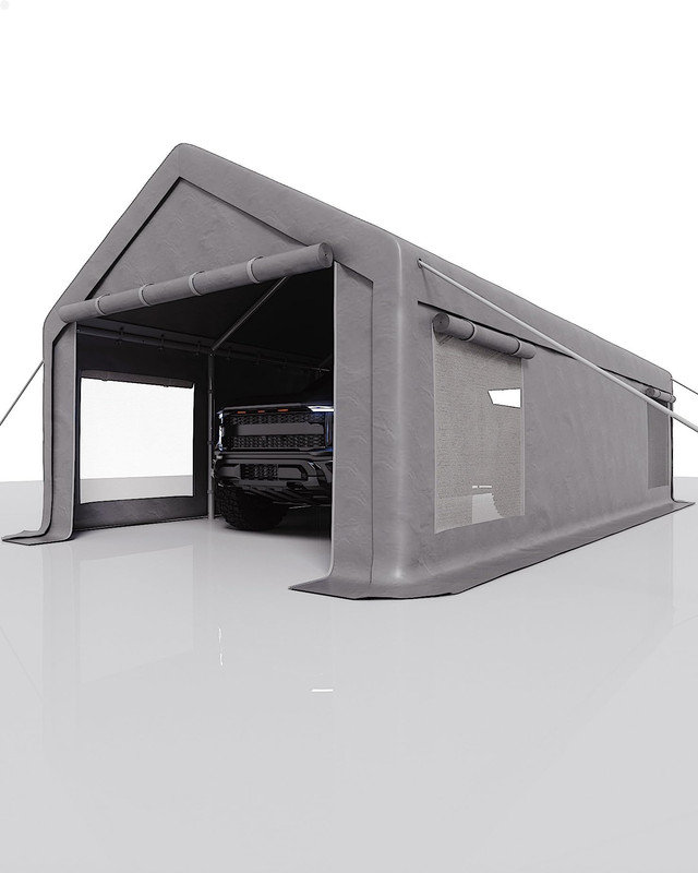 Abri d'auto 13 x 25 pi - Garage portatif avec 4 fenêtres et portes à enroulement pour bateau, camion, VUS, gris