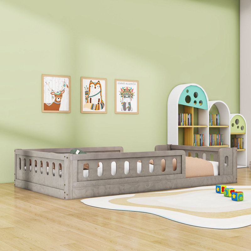 Twin Wood Platform Bed, Semi-Enclosed Guardrail Design, Natural