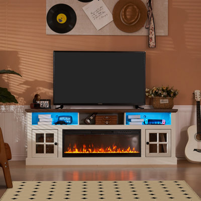 Meuble télé 70 po pour téléviseur de 80 po ou moins avec armoires de rangement, centre de divertissement avec foyer électrique de 36 po, consoles de télévision à DEL pour le salon, console média de ferme, cristaux
