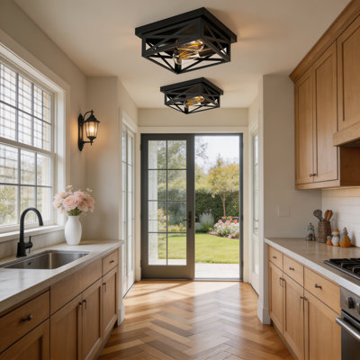 2-light Black Metal Square Farmhouse Flush Mount Ceiling Light-2pack