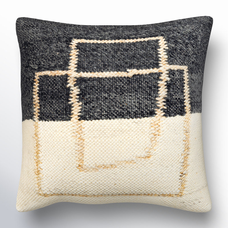 Daiquiri Black and Beige Wool Blend Square Throw Pillow