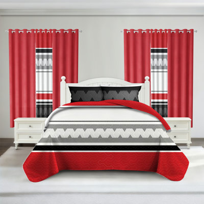 Queen Size Comforter Set 9 Pieces, All Season Luxury Bed in a Bag for Bedroom, With Matching Curtains, Soft Microfiber, Red and Black Stripes