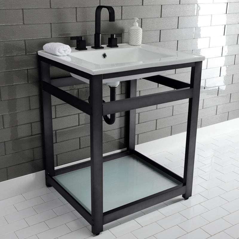 Quadras Ceramic Rectangular Console Bathroom Sink with Overflow, White/Matte Black, 8" Centers