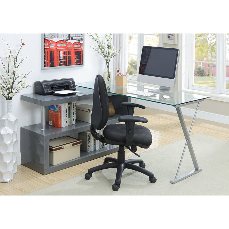 Folden L-Shaped Glass Top Computer Desk, Grey