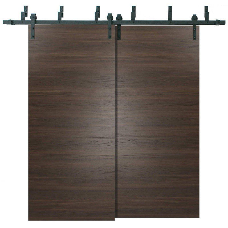 Portes coulissantes de placard de style grange Planum 0010 Frêne chocolat, rails robustes à montage supérieur de 2 m, ensemble de quincaillerie en bois massif pour portes de placard de chambre - 183 x 203 cm (2 x 91 x 203 cm)