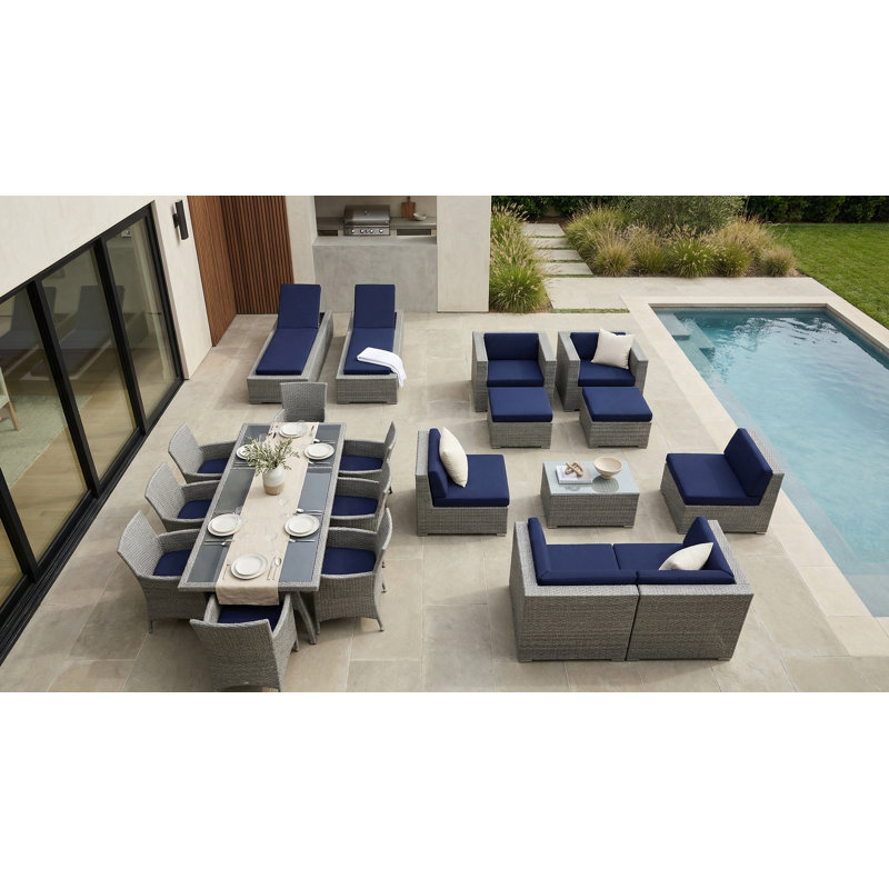 Ensemble de conversation en osier Pavior, gris, Toile bleu marine Sunbrella®