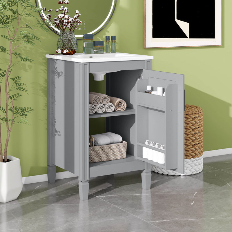 Petit meuble-lavabo de 20 po avec lavabo en céramique, armoire de salle de bain avec porte à fermeture douce, support de rangement et tablettes réglables