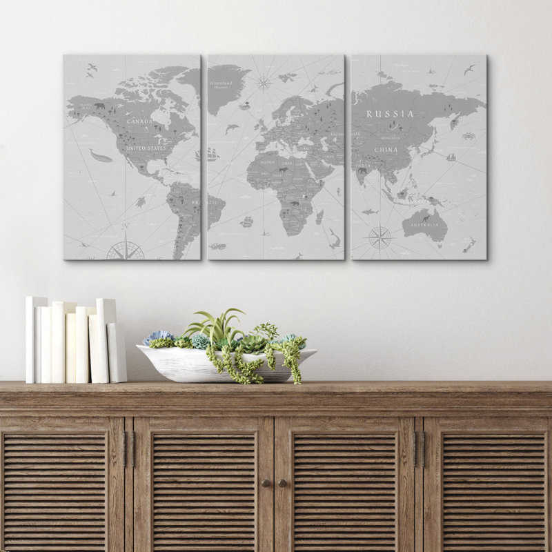 Carte du monde - impression sur toile, 3 pièces, Toile tendue, H 36 po x l 72 po, Sans cadre