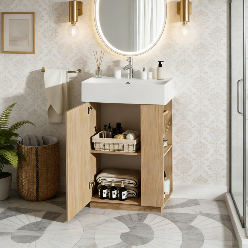 Meuble-lavabo 21,6 po avec lavabo en céramique, Bois