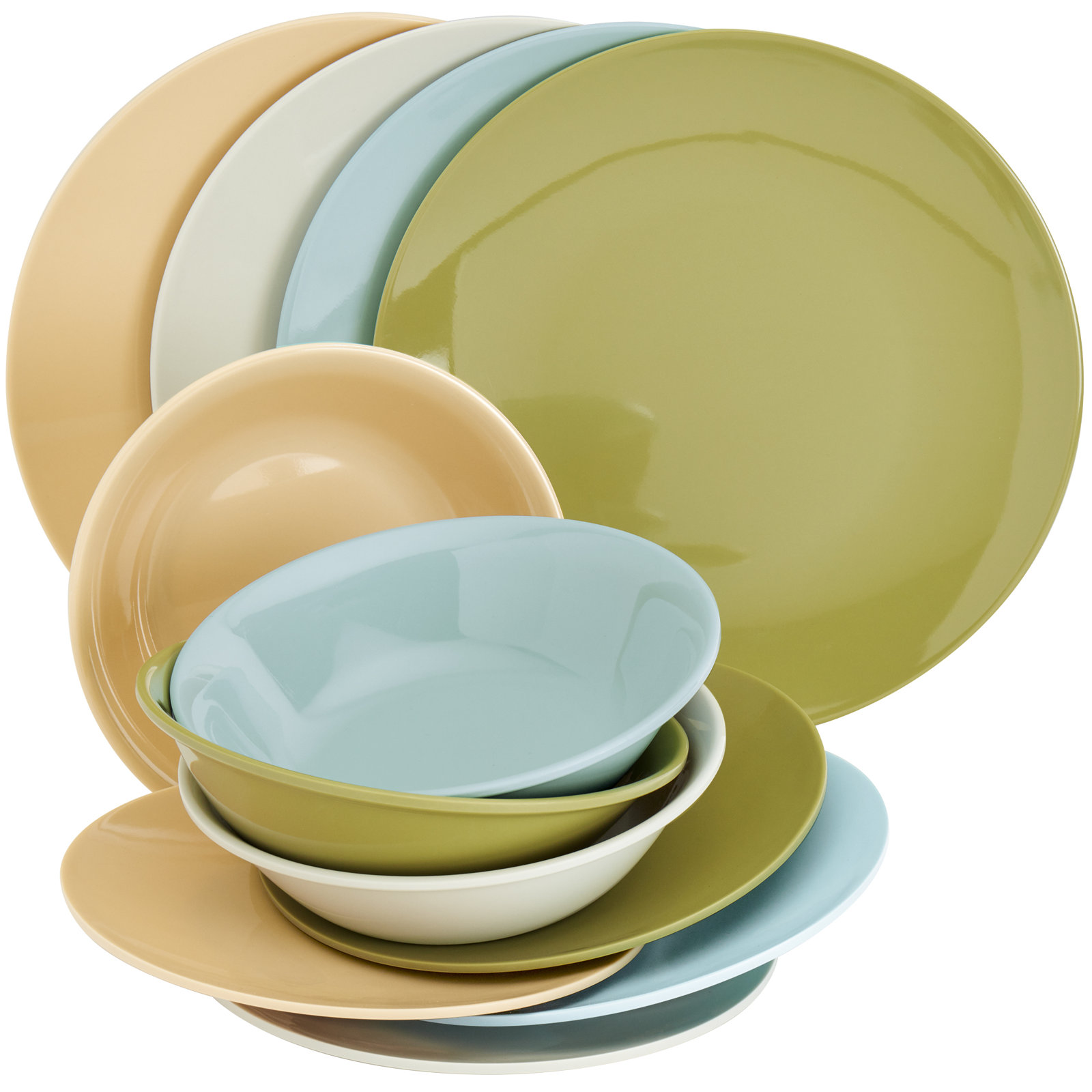 Tabletops Gallery Peacock 12 Piece Melamine Dinnerware Set, Cream/Blue/Green/Orange