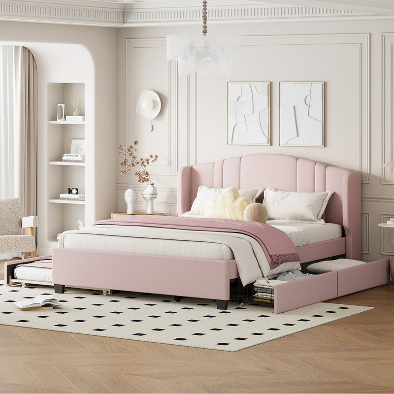 Lit plateforme tapissier avec tête de lit à oreilles, lit gigogne et tiroirs Kayla, Rose