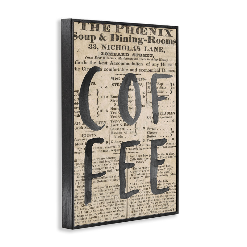 Giclée de journal de café rétro, design par Lucille Price, H 18 po x l 12 po, Giclée encadrée noir minuit