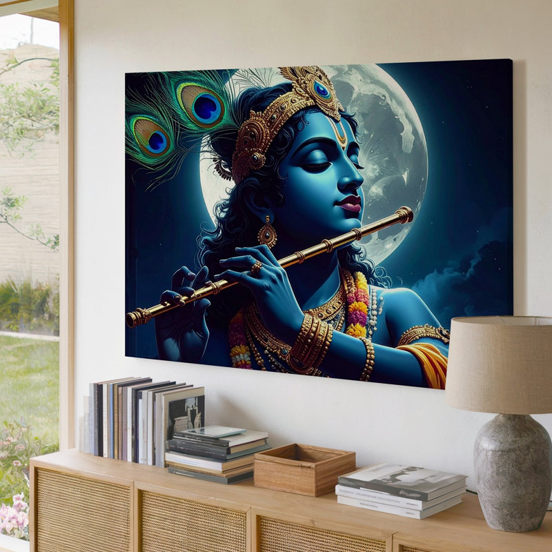 Toile, art mural indien au clair de lune Krishna, H 30 po x l 30 po