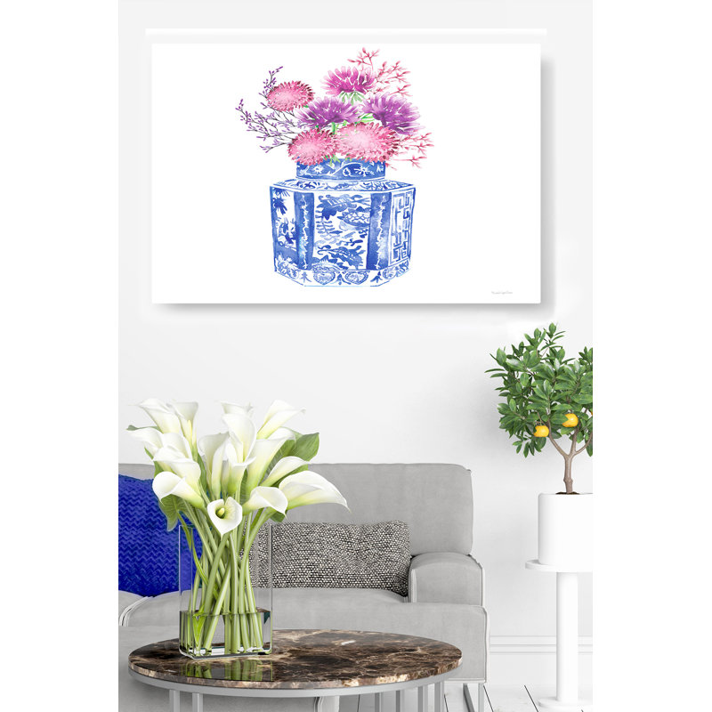 Vase Chinoiserie, bouquet de verre, floral, fleurs, mauve, rose, bleu, sur blanc, H 16 po x l 24 po x P 1,5 po