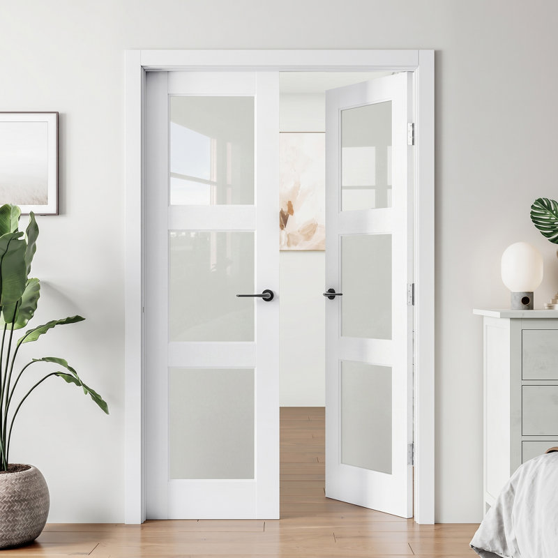 Primed 3-Lite Frosted Glass Solid Wood Double Slab Doors Without Frame and Hardware Kit, 72 po x 80 po