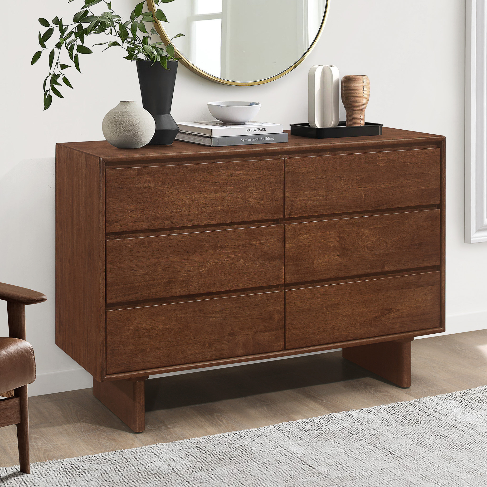 Wade Logan® Burnita Mid Century Modern Walnut Dresser With 6 Drawers ...