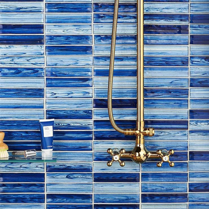 Maya Stacked 12x12 Polished Glass Mosaic Tile, Stacked Azur