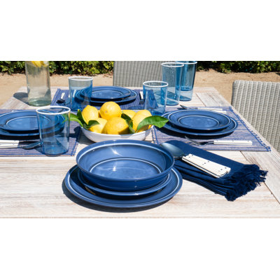 Madison 18 Piece Dinnerware set, 6 Dinner Plates, 6 Salad Plates, 6 Bowls, Microwave Safe, Dishwasher Safe, Durable - Blue & White Color