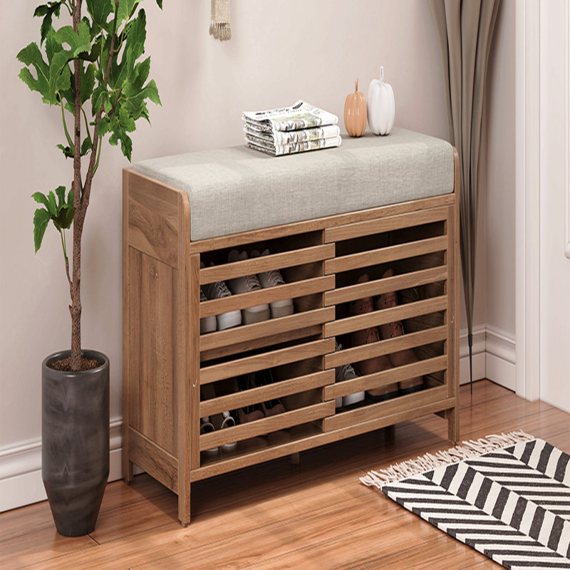 Banc à chaussures avec rangement et coussin, banc de rangement à volets avec charme pour le salon, vestibule, Natural