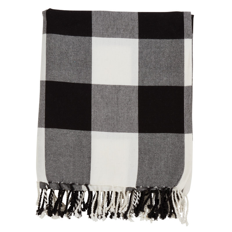 Buffalo Plaid Tassel-Trimmed Cotton Throw Blanket - Black and White