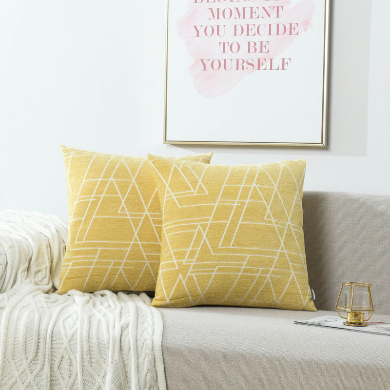 Housse de coussin en jacquard à motif géométrique en chenille moderne, Jaune, H 18 po x l 18 po