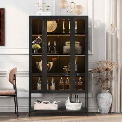 67.25'' Tall Iron Display Cabinet With Glass Door, LED Lights, And 3-Sided Glass For Collectibles, Figures, And Trophies