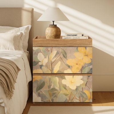 Yellow Floral Watercolor Nightstand with 2 Drawers, Rustic Bedside Storage Cabinet, Botanical-Inspired Accent Furniture for Bedroom