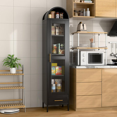 72.64''H Metal Black Arched Cabinet with Glass Doors, Narrow Arched Cabinet with Adjustable Shelves
