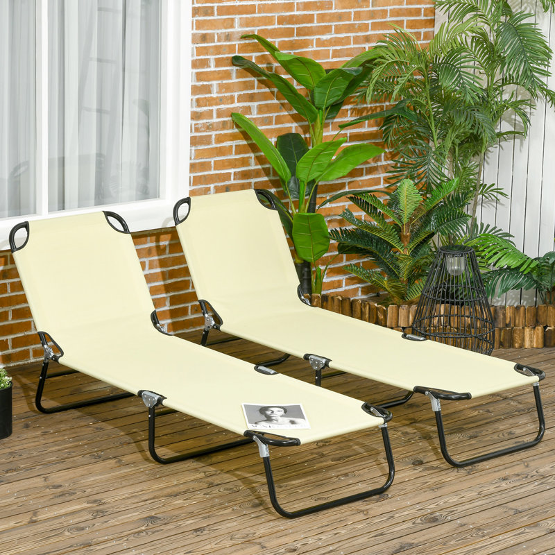 Beige Patio Chairs With 5 Settings, Foldable, Steel Frame For Outdoor Areas Yard Relaxing Seats, 5-Level Reclining Back, Frame, Beige, Suitable Sunbathing In Beach, Patio, Poolside
