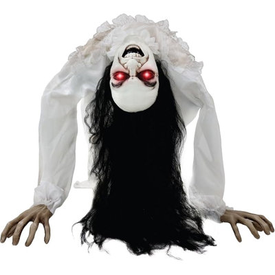 Haunted Hill Farm, 2,9 pieds, animée de taille réelle avec des yeux rouges brillants, de longs cheveux noirs et une robe de nuit en dentelle blanche, un son activé par le mouvement, à piles, un décor d'Halloween intérieur / extérieur