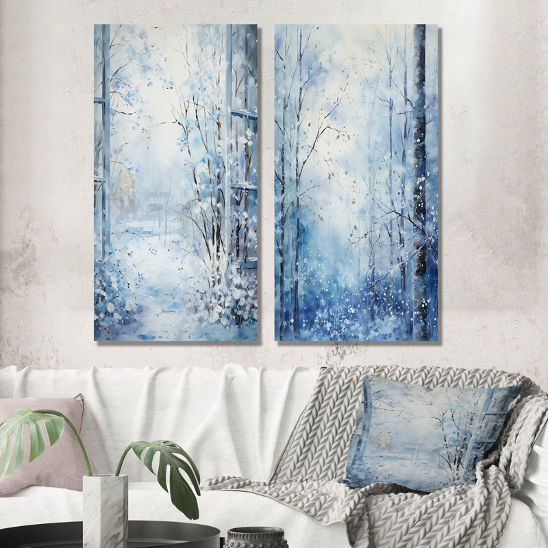 «White and Blue Winter Forest Collage II - Winter Landscape», ensemble d'art mural sur toile, Toile tendue, H 28 po x l 25 po