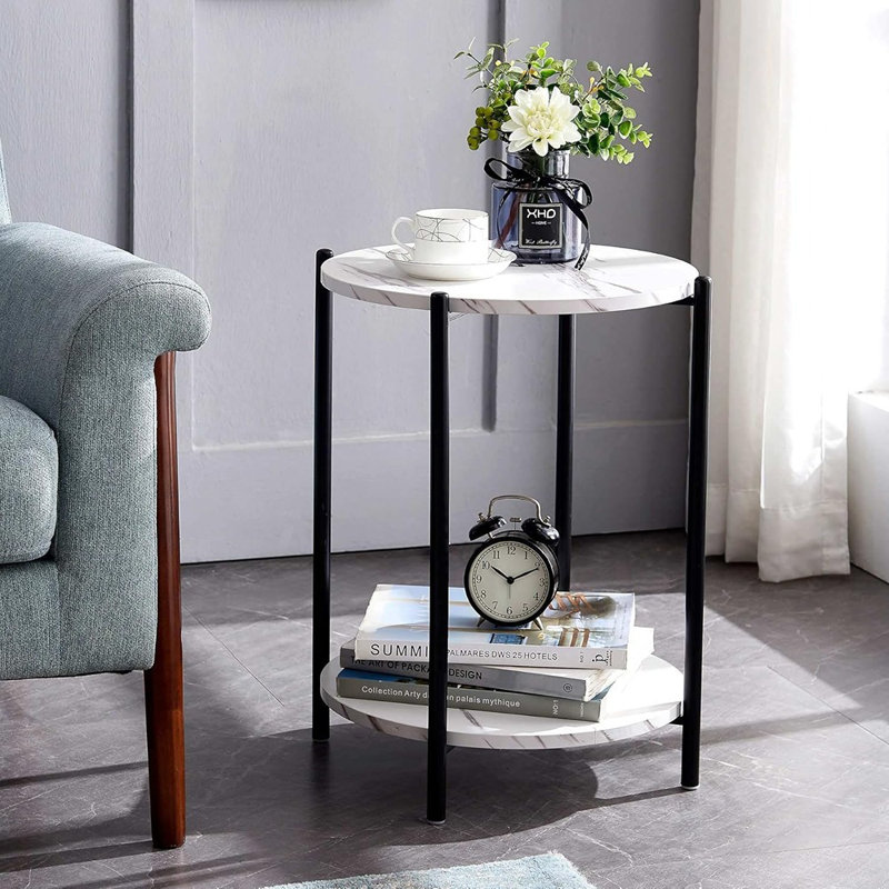 Table d'appoint ronde noire, table de bout moderne à 2 niveaux pour petits espaces