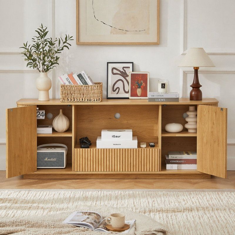 Armoire, meuble télé 64 "avec motif à vagues moderne avec rangement à pression | Panneau de particules et panneau de fibres à densité moyenne | Salon