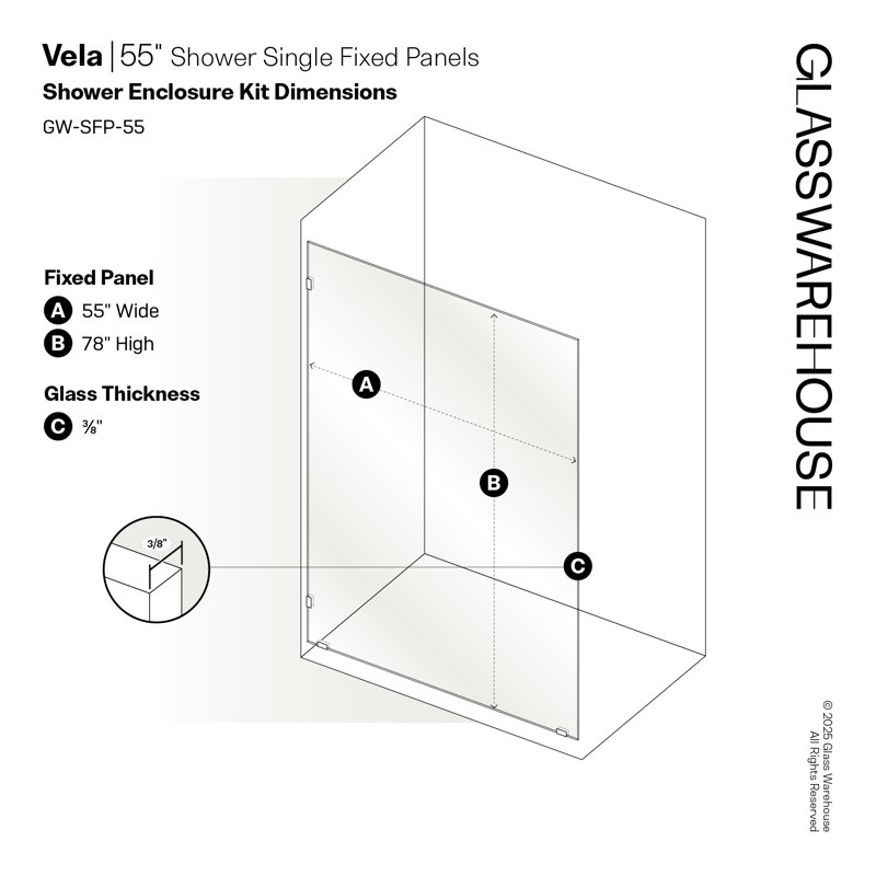 Vela 55 in. x 78 in. Fully Frameless Single Fixed Shower Panel, Polished Nickel