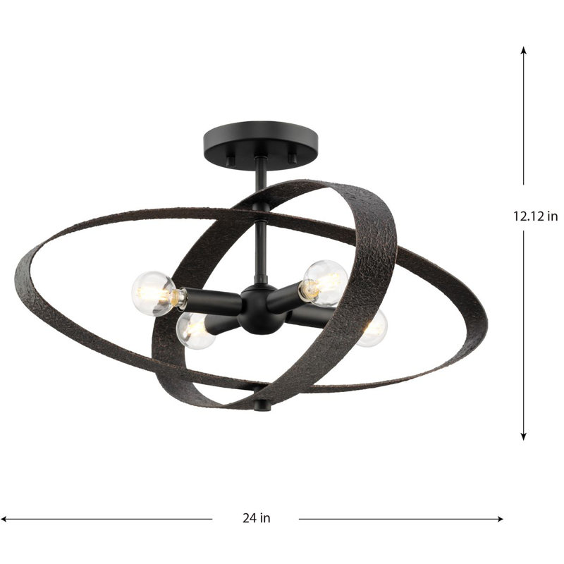 Four-Light Rustic Modern 24" Semi-Flush Mount Light, Matte Black