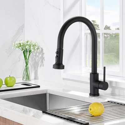 Pull Down Kitchen Faucet Matte Black Stainless Steel - Spot , Rust Proof, 360 Rotatable Spout, Spray Head With Adjustable Pattern Push Button For Thorough Sink Sanitization