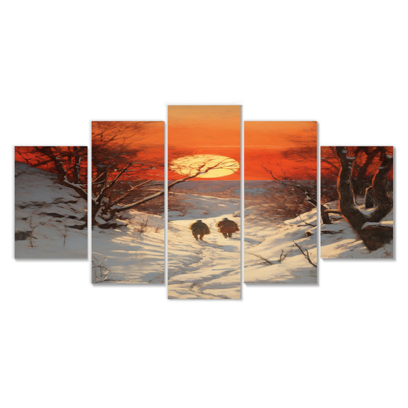 Coucher de soleil sur la forêt d'hiver - Art mural forêt 5 pièces, H 32 po x l 60 po