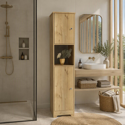 Armoire à linge avec quatre tablettes intérieures et finition chêne clair