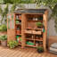 Abri de jardin extérieur avec trois portes, sept tablettes, deux tiroirs, six crochets et un poste de travail-132664369