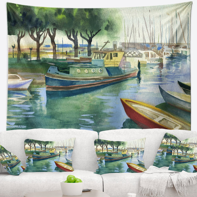 Tapisserie en polyester de bateau en aquarelle avec accessoires suspendus inclus, H 50 po x l 60 po