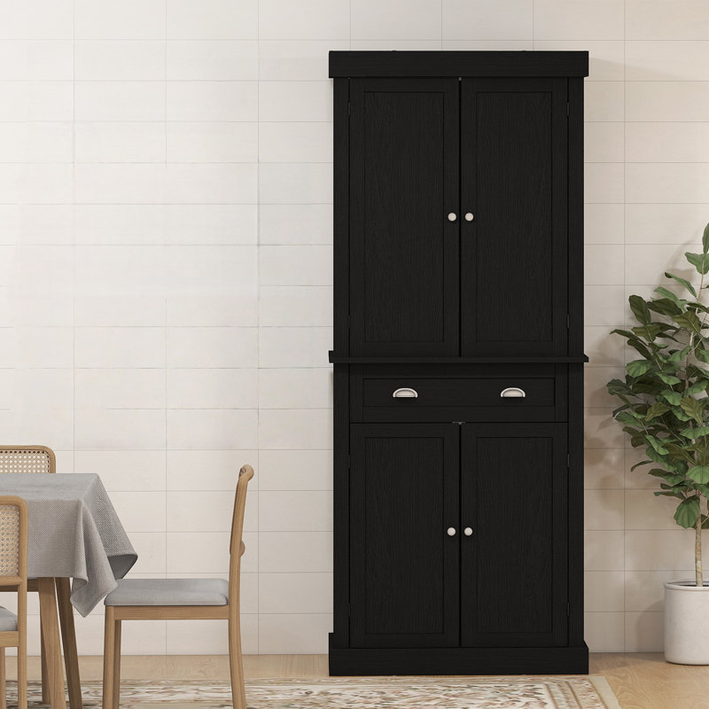 72.5" Kitchen Pantry Cabinet, Traditional Freestanding Storage Cabinet with 4 Doors, Drawer and 3 Adjustable Shelves for Dining Room, Black Wood Grain