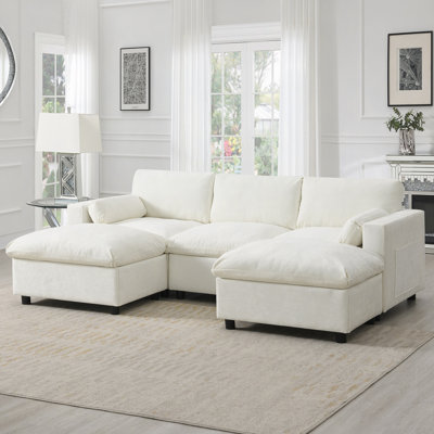 Canapé modulaire en U 86,5 po avec poches de rangement, 2 repose-pieds mobiles, coussins d'accoudoirs, combinaison libre, canapé 5 places Cloud pour salon et appartement, chenille