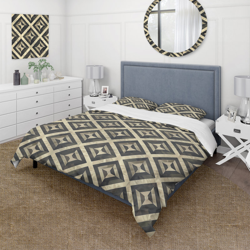 Ensemble de housse de couette beige et gris Midcentury Tiles I - Midcentury, Housse de couette très grand + 2 taies décorativ