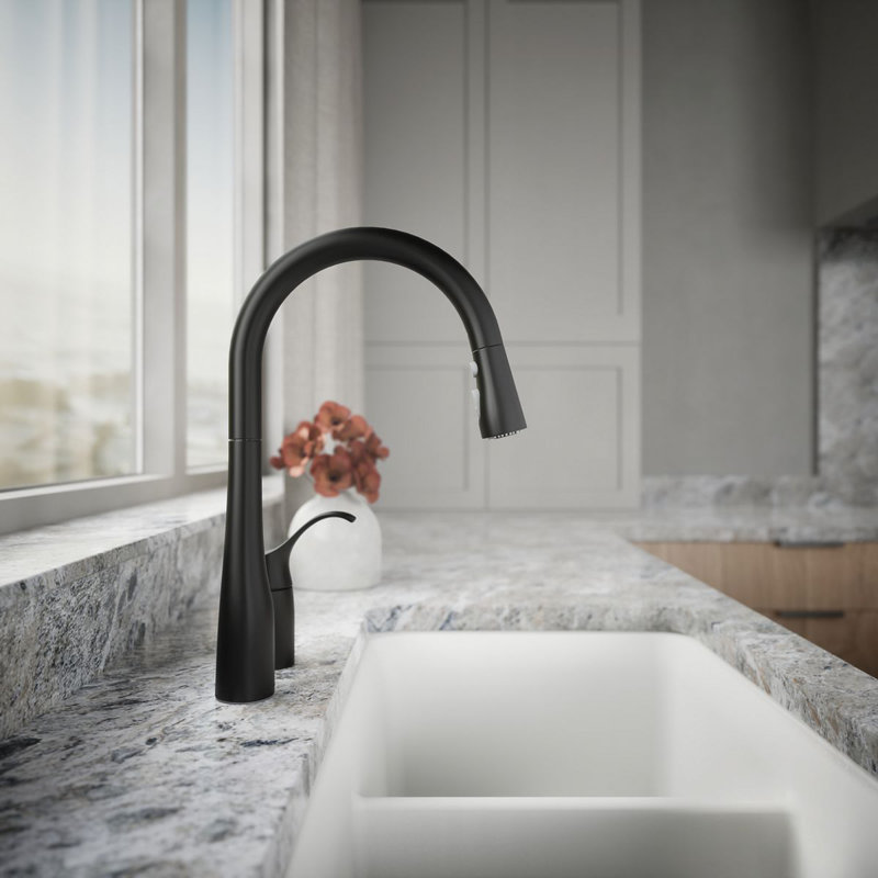 Simplice Pull Down Kitchen Sink Faucet with Three-Function Sprayhead, Two-Hole Installation, Matte Black