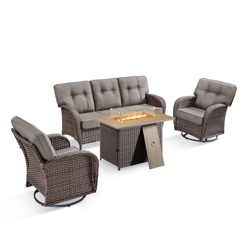 Fiorillo 4-Piece Wicker Rattan Patio Conversation Set With Rectangle Fire Pit Table And Swivel Chairs, Gray